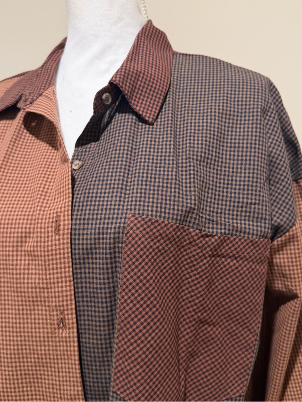 Blu Pepper Brown and Tan Plaid Color Block Button Down oversized small NWT - Picture 11 of 13